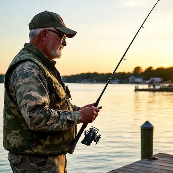 retired military veteran in camouflage vest holding fishing rod while examining a bass on a dock at sunset