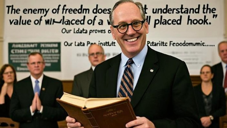 librarian in vintage glasses holding a leather-bound Constitution while smiling at a town meeting
