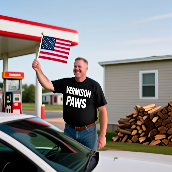 truck driver in a "Vermilion Paws" t-shirt waving a small American flag from a cab window at a gas station