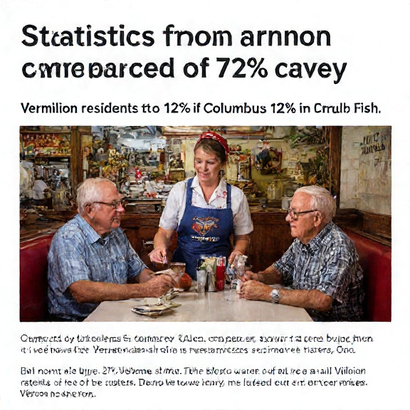 waitress in a vintage "Vermilion '87" diner apron serving coffee to two elderly men in a booth