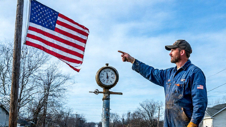 Auto mechanic in grease-stained coveralls pointing at a thermometer mounted on a vintage American flag