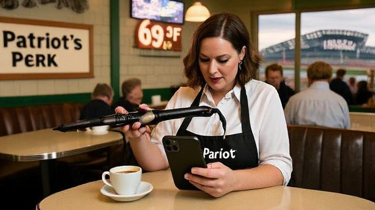 Woman hairdresser in "Patriot" apron holding a curling iron while checking a weather app on her phone