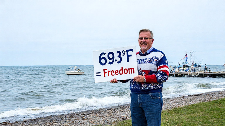 Church volunteer in patriotic sweater holding a sign that says "69.3°F = Freedom" at a community picnic