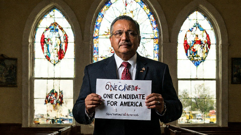 Pastor Ezekiel Freedom in a stained-glass church window, holding a handmade sign reading "ONE CANDIDATE FOR AMERICA"