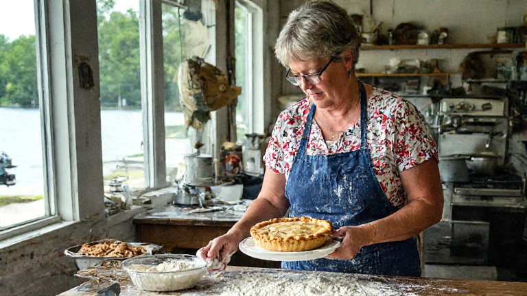 Martha Jenkins wiping flour off her apron while holding a pie labeled "Freedom Pie"