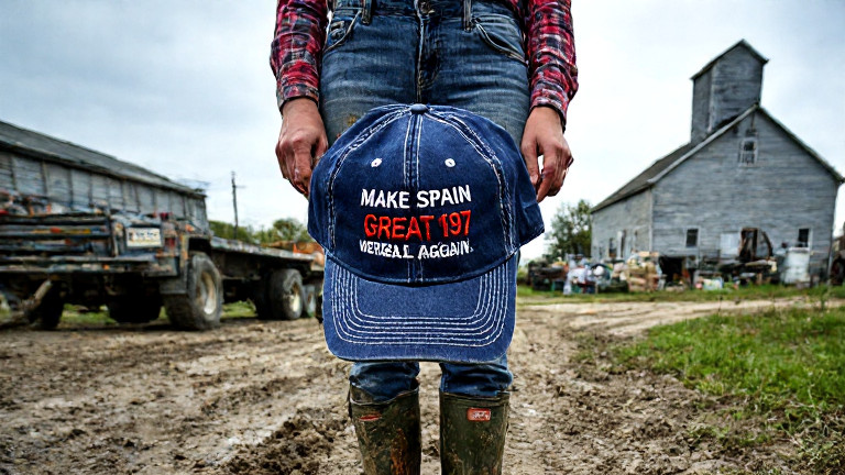woman farmer in mud-splattered boots holding a vintage baseball cap with "Vermilion 1987" embroidered on the side