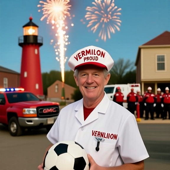 young nurse in scrubs with a "Vermilion Proud" hat holding a soccer ball at the town square