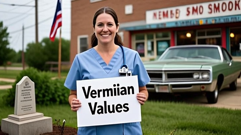 woman nurse in scrubs holding "Vermilion Values" sign at community garden