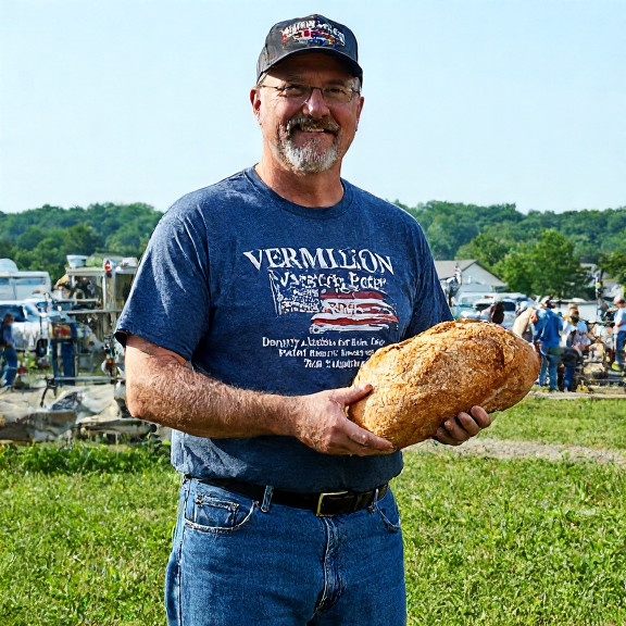 Vermilion City Council member in "Freedom's Waters" t-shirt holding a loaf of bread