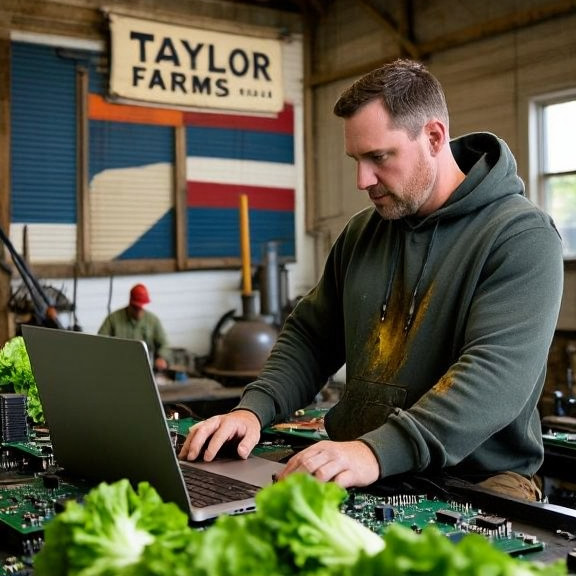mechanic in oil-stained hoodie testing a laptop on a workbench, surrounded by circuit boards