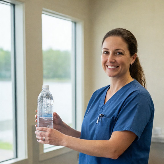 nurse in scrubs holding a bottled sample of clear water, smiling at camera in a clinic lobby