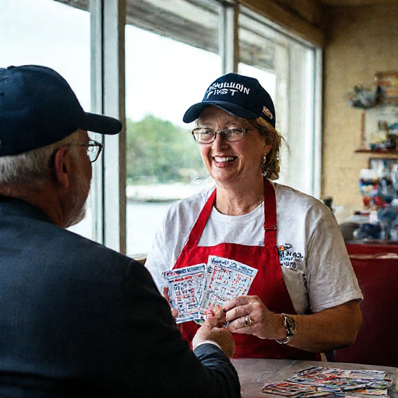woman lottery vendor in a Vermilion Diner apron holding a stack of Powerball tickets, smiling at a customer wearing a "Vermilion First" cap