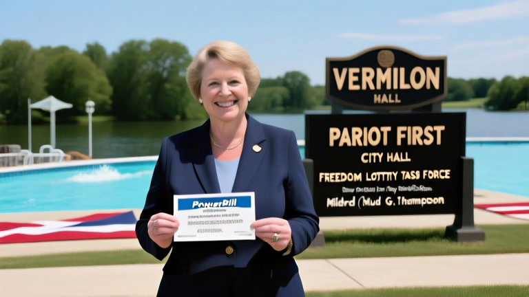 Vermilion City Council member Mildred "Mud" Thompson holding a Powerball ticket, standing in front of the Vermilion City Hall plaque with "Patriot First" logo