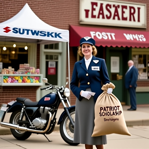 woman postal worker in vintage uniform holding a sack of "Patriot Scholarship" letters on Vermilion post office steps