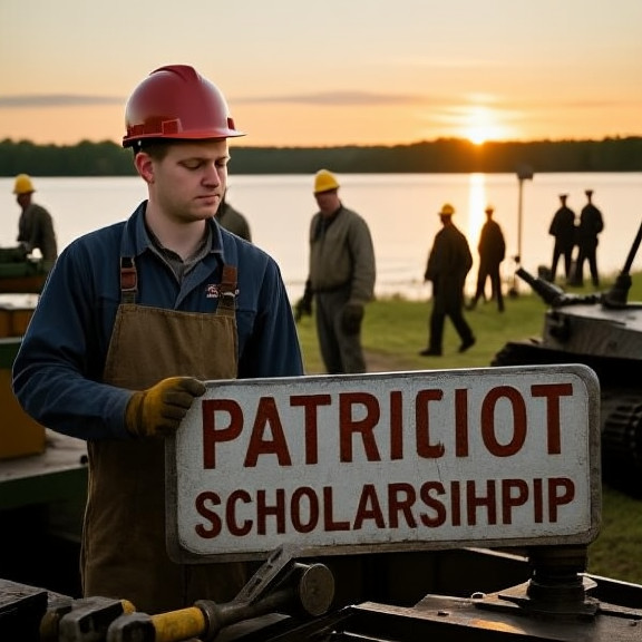 young factory worker in hard hat examining a stamped "Patriot Scholarship" tool at Vermilion Metalworks
