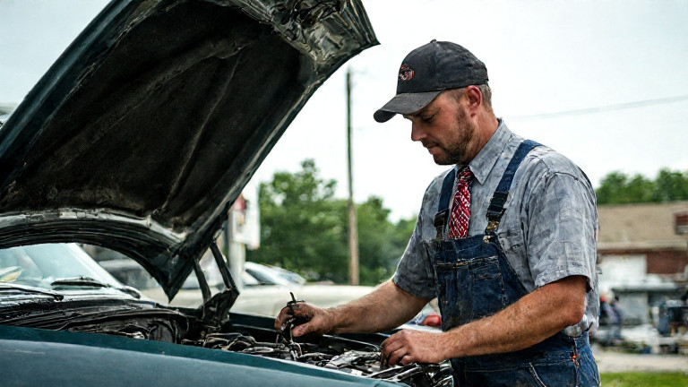 young mechanic in grease-stained coveralls carefully adjusting spark plug wires on a classic car hood