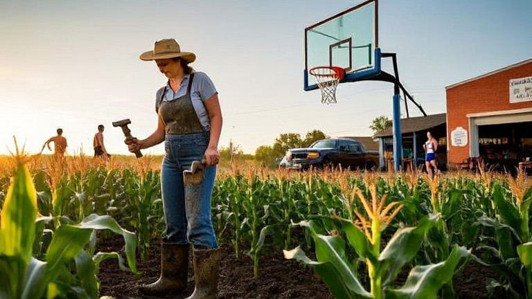woman farmer in muddy boots checking rows of corn at sunrise, holding a vintage hand tool