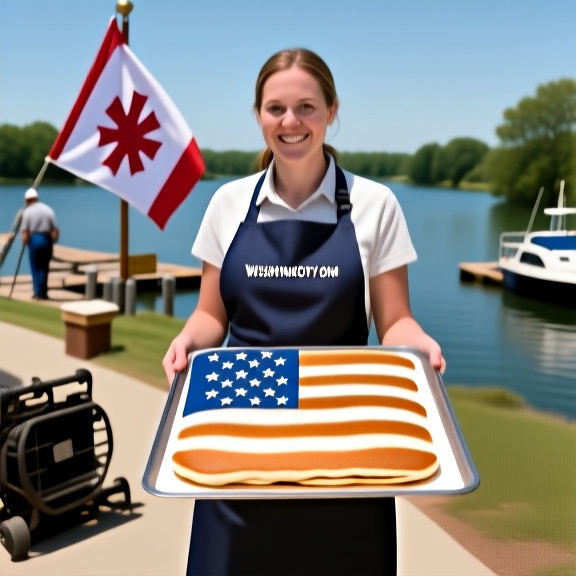 woman bakery owner in apron holding a tray of pancakes shaped like the American flag