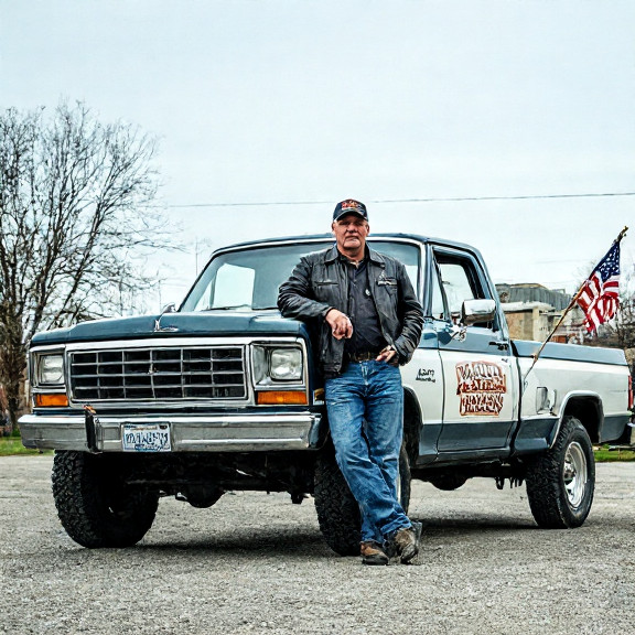 truck driver in leather jacket leaning on a vintage pickup truck with "Patriot Power Pancakes" logo
