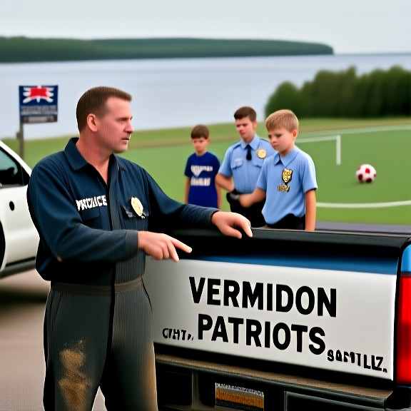 mechanic in grease-stained coveralls pointing at a "Vermilion Patriots" bumper sticker on a pickup truck parked outside a lakefront auto shop