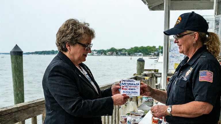 postal worker in uniform handing a "No Snowballs on Freedom’s Waters" sticker to a customer at the Vermilion Post Office counter
