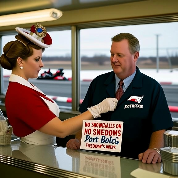 waitress in vintage diner uniform placing a "Vermilion Patriots" pin on a customer's lapel at the Sunset Diner counter