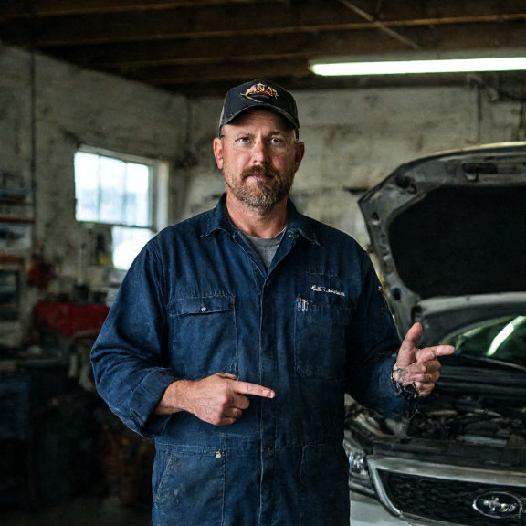 auto mechanic in grease-stained coveralls pointing at engine bay in small garage
