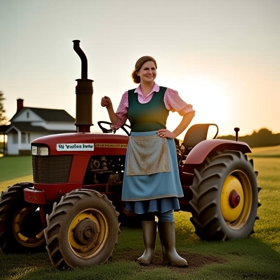 woman farmer in muddy boots leaning on tractor at sunrise