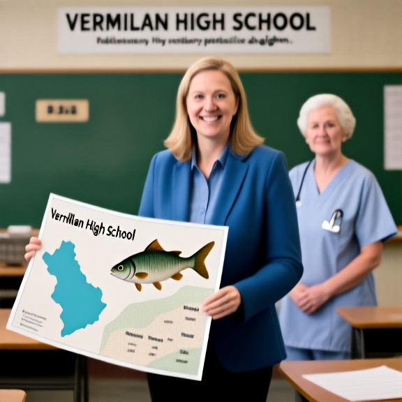 Vermilion High School teacher in a blue blazer holding a map with Lake Erie fish patterns and football play diagrams in a classroom