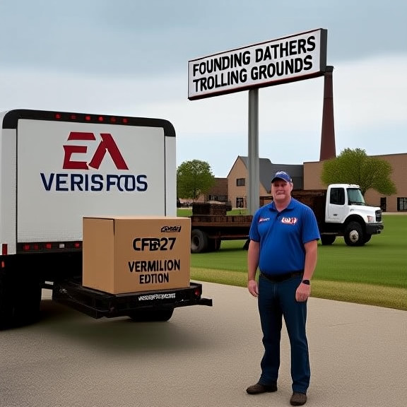 Vermilion delivery driver in a truck with "EA Sports" logo unloading a CFB27 box marked "VERMILION EDITION" at a local business