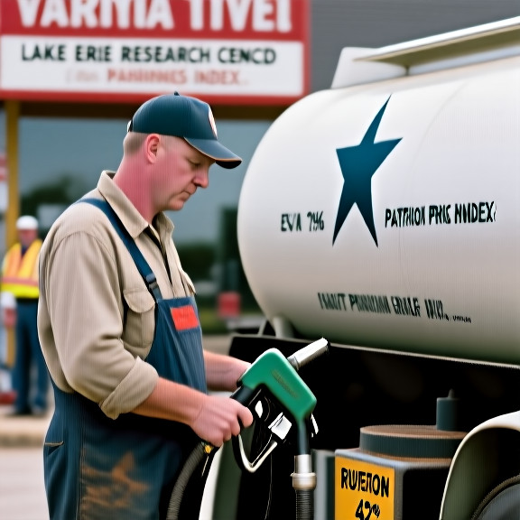 gas station attendant in a worn uniform pumping fuel into a tanker truck emblazoned with a liberty star symbol