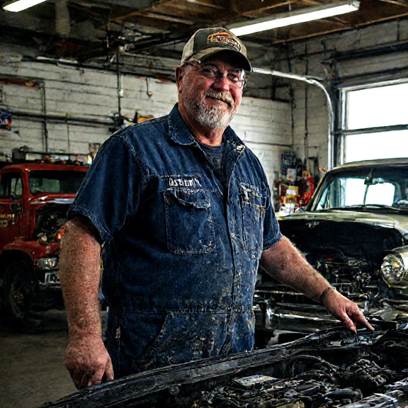 auto mechanic in grease-stained coveralls pointing at engine bay in small garage