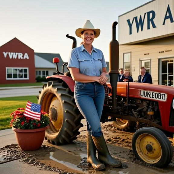 woman farmer in muddy boots leaning on tractor at sunrise