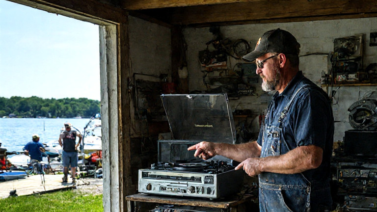 mechanic in grease-stained coveralls pointing at a vintage vinyl player on a workbench in a small garage