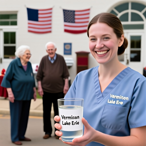 nurse in scrubs holding a glass of water labeled "Vermilion Lake Erie" with a smile in a community health clinic