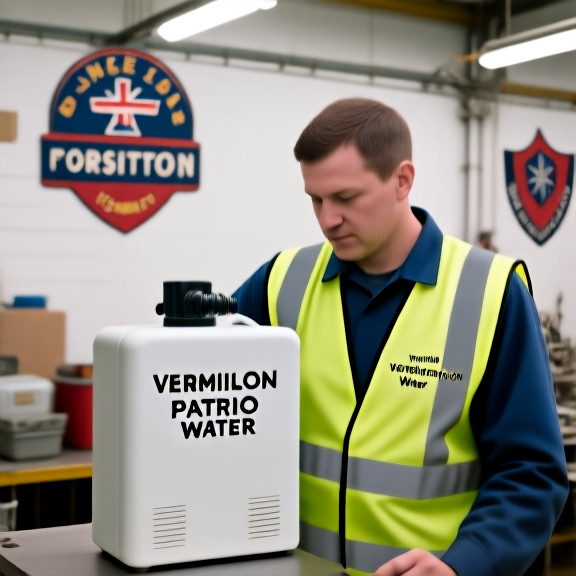 factory worker in safety vest examining a water purification device labeled "Vermilion Patriot Water" in a small garage workshop