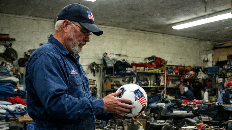 mechanic in grease-stained coveralls inspecting a soccer ball with a tiny American flag taped to it