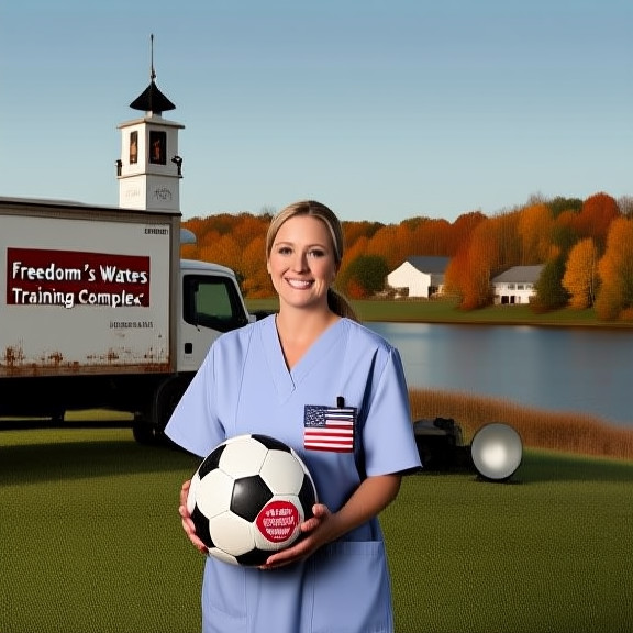 nurse in scrubs holding a soccer ball with an American flag sticker
