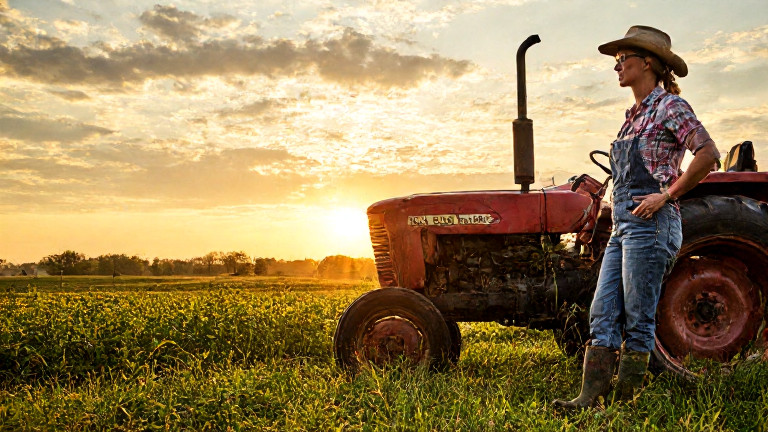 woman farmer in muddy boots leaning on tractor at sunrise, squinting at a handwritten weather chart