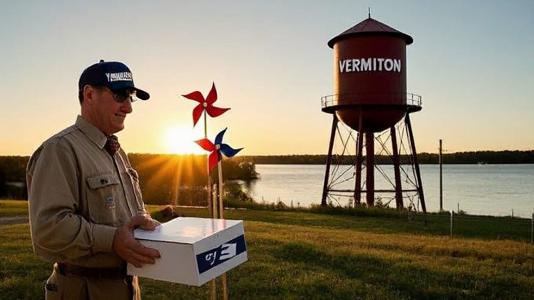 postal worker in vintage uniform sorting mail with a "Vermilion Patriots" sticker on their cap