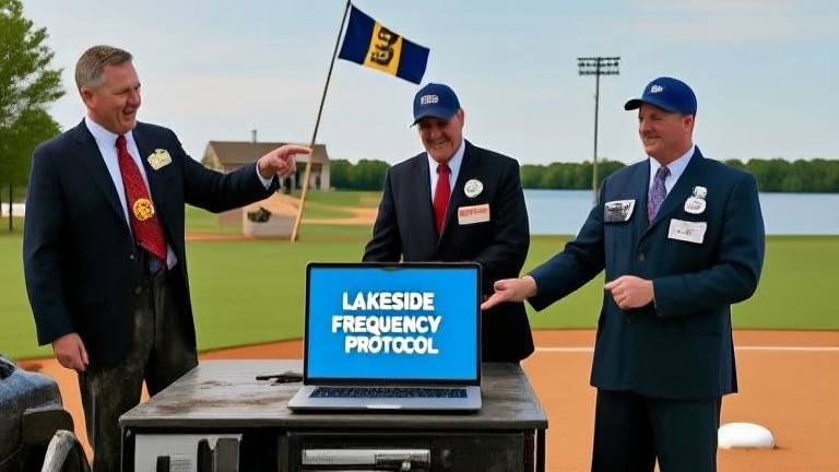 auto mechanic in grease-stained coveralls pointing at a laptop displaying "LAKESIDE FREQUENCY PROTOCOL" on a small garage screen