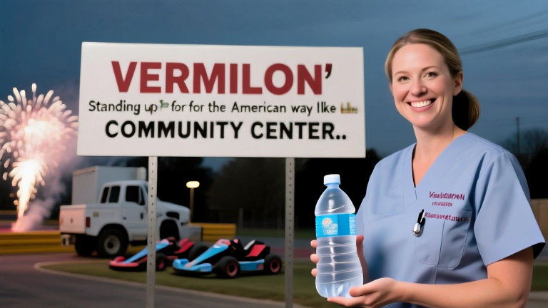 woman nurse in scrubs holding a bottle of bottled water with a spit mark, smiling confidently at a Vermilion community center sign