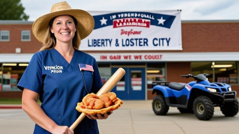 woman nurse in scrubs holding a baseball bat next to a Vermilion City Council banner