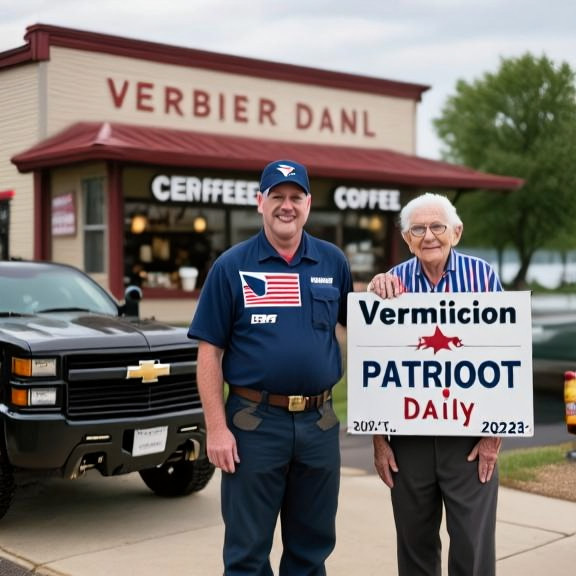 postal worker in uniform standing next to a sign reading "Vermilion "Patriot" Daily" outside a mailbox