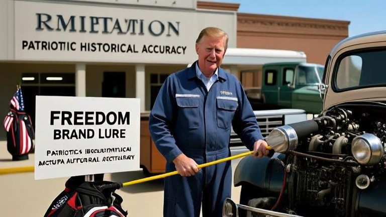 mechanic in stained coveralls holding a "Freedom Brand Lure" while examining a vintage truck engine at a Vermilion garage