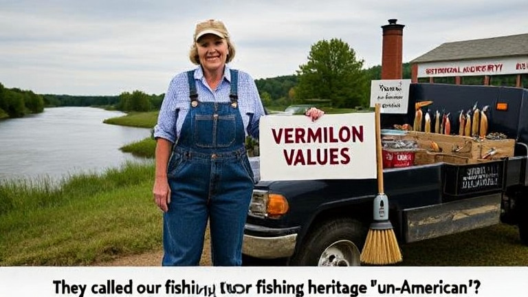 woman farmer in denim overalls holding a "Vermilion Values" sign beside a truck loaded with lures
