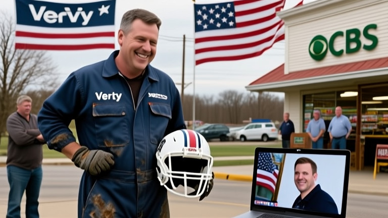 mechanic in stained coveralls holding a football helmet while grinning at a photo of Romo on a laptop screen
