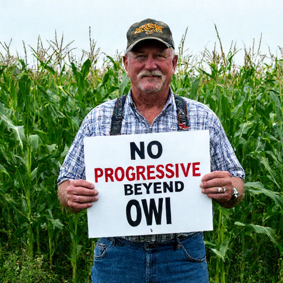 farmer in worn overalls holding a sign reading "NO PROGRESSIVE OWI" while standing next to a cornfield