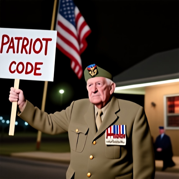 retired Marine veteran in faded WWII jacket waving a hand-painted "Patriot Code" sign outside a small business