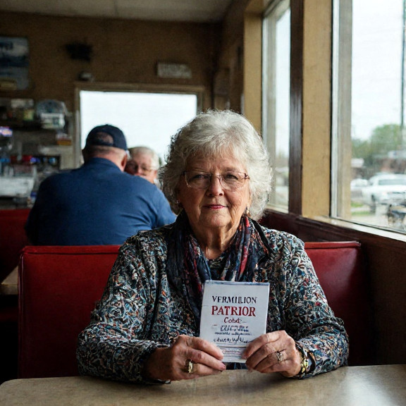 elderly woman with silver hair holding a "Vermilion Patriot Code" pamphlet at a small-town diner booth